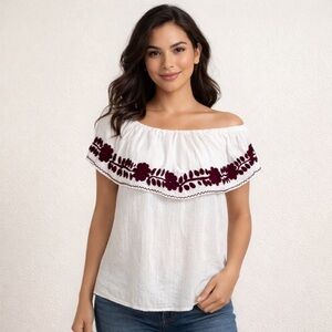 Nativa White Burgundy Floral Embroidered Cottagecore Hispanic Mexican Top Size L